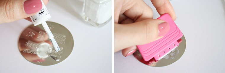 Smalto bianco applicato sul timbro, decorazioni manicure con motivi floreali, unghie semplici ed eleganti 